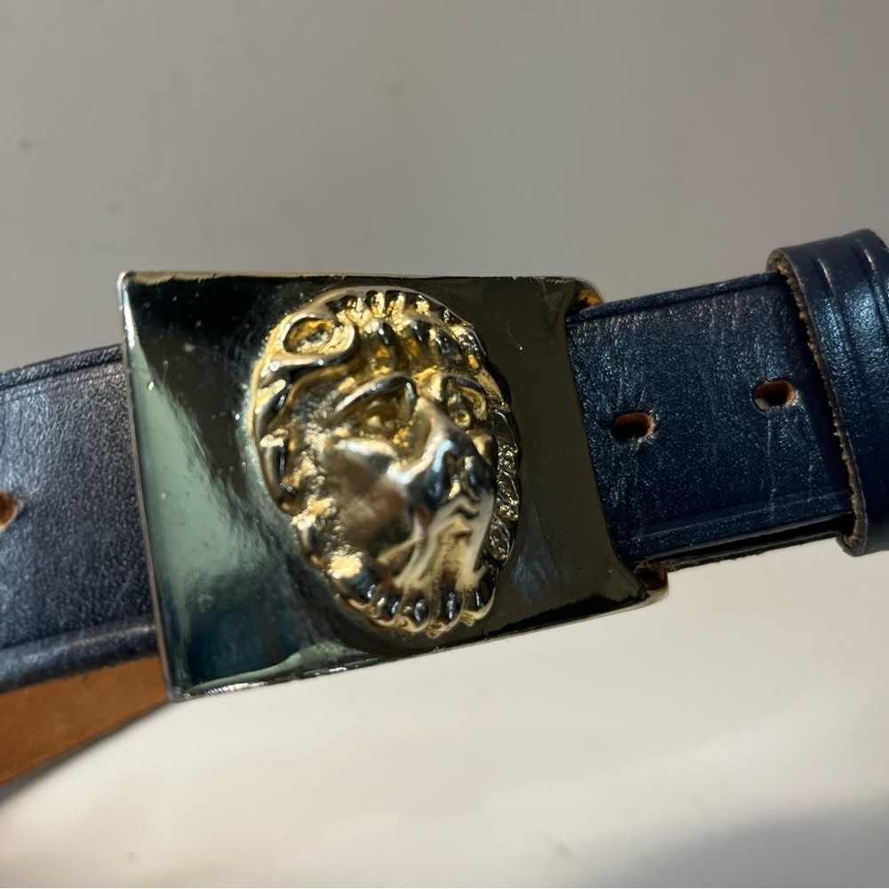 Vintage Navy Genuine English Bridle Leather Belt with Gold Lionhead Pin Buckle - Picture 3 of 11
